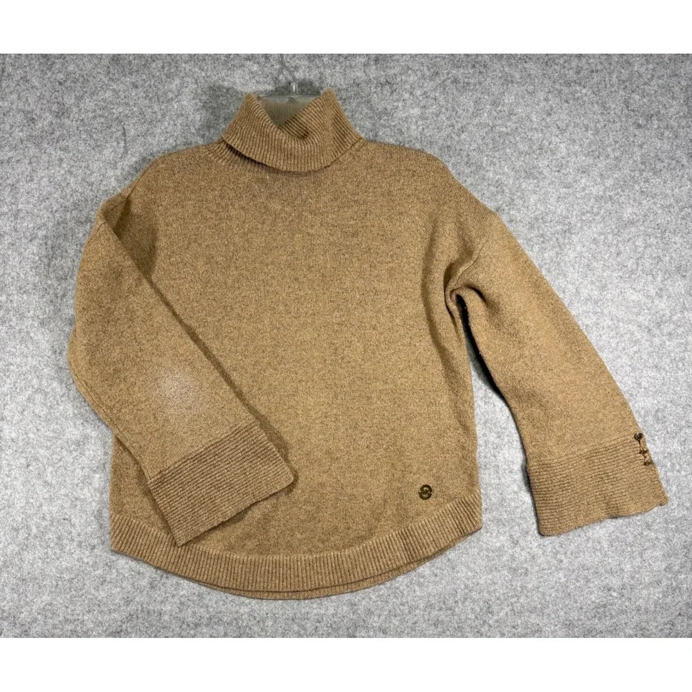 Michael Kors Turtleneck Sweater Womens Medium Camel Brown Ribbed Button Cuff MK